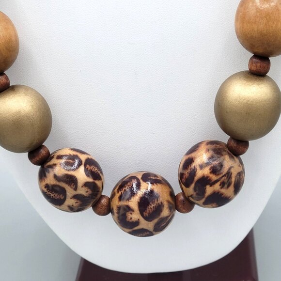 Wooden and Resin Beaded Necklace Animal Print Accents Wood Spacers 24" - Picture 5 of 9